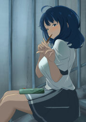1girl absurdres ahoge blue_eyes blue_hair blush breasts chopsticks chopsticks_in_mouth commentary feet_out_of_frame from_side grey_skirt hands_up highres holding holding_chopsticks ladder large_breasts looking_at_viewer make_heroine_ga_oo_sugiru! medium_hair nanja_najav school_uniform sitting skirt solo summer_uniform tsuwabuki_high_school_uniform yanami_anna
