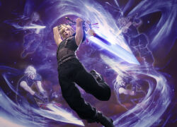 1boy armor armored_gloves arms_behind_head baggy_pants belt billy_christian black_boots black_pants black_shirt blonde_hair boots brown_belt cloud_strife fighting_stance final_fantasy final_fantasy_vii final_fantasy_vii_rebirth final_fantasy_vii_remake furry highres holding holding_sword holding_weapon magic:_the_gathering male_focus multiple_belts multiple_views official_art open_mouth pants pauldrons sharp_teeth shirt short_hair shoulder_armor single_bare_shoulder single_pauldron solo suspenders swinging_weapon sword teeth weapon