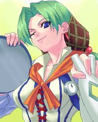 1girl between_fingers blue_eyes bottle cross-laced_clothes earrings female_focus grandia grandia_i green_hair hair_net holding jewelry lily_(grandia) looking_down lowres mature_female oekaki one_eye_closed parted_bangs scarf solo tray upper_body zen