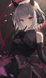 1girl absurdres animal_ears black_dress black_gloves curren_chan_(sakutsuki_ma_cherie)_(umamusume) curren_chan_(umamusume) dress elbow_gloves gloves grey_hair highres hiroserii horse_ears looking_at_viewer pink_eyes short_hair single_bare_shoulder smile solo umamusume upper_body
