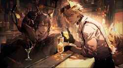 2boys absurdres alcohol ambience_synesthesia animal_ears arknights bar_(place) belt black_collar black_gloves blonde_hair blue_eyes brown_belt brown_hair brown_jacket brown_necktie brown_pants brown_vest cain-kaslana cat cat_boy cat_ears cat_tail chinese_commentary miss_christine_(arknights) closed_mouth collar collared_shirt commentary_request commission cup dog_ears dog_tail eyewear_on_head gloves hair_between_eyes highres holding holding_cup jacket leaning_forward looking_at_object male_focus messy_hair multiple_boys multiple_tails necktie pants phantom_(ambience_synesthesia)_(arknights) phantom_(arknights) shirt sitting smile sparkle standing sunglasses suspenders table tail teeth tequila_(arknights) two_tails vest white_shirt yaoi