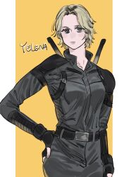 1girl animification belt black_belt black_gloves blonde_hair bodysuit border breasts brown_eyes character_name closed_mouth cowboy_shot fingerless_gloves fingernails gloves grey_bodysuit half-closed_eyes hand_on_own_hip highres lips looking_at_viewer marvel marvel_cinematic_universe medium_breasts nahnohk outside_border short_hair simple_background solo standing superhero_costume thunderbolts_(movie) weapon weapon_on_back white_border yelena_belova yellow_background