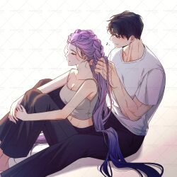1boy 1girl adjusting_another&#039;s_hair argyle_background barefoot black_hair black_pants braiding_hair breasts camisole cleavage closed_eyes collarbone commentary_request crop_top fingernails forehead grey_camisole hairdressing hetero highres hugging_own_legs jinu_(kpop_demon_hunters) kpop_demon_hunters large_breasts long_hair musical_note navel pants purple_hair rmflarp_eks rumi_(kpop_demon_hunters) shirt sitting smile t-shirt veins veiny_hands very_long_hair watermark white_shirt