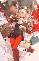 2girls black_boots black_cape blue_hair board_game boots brown_pantyhose cape chess chess_piece edelgard_von_hresvelg female_byleth_(fire_emblem) fire_emblem fire_emblem:_three_houses flower garreg_mach_monastery_uniform gloves hashtag-only_commentary highres long_hair looking_at_viewer multiple_girls nintendo pantyhose purple_eyes red_cape red_pantyhose simple_background sitting white_background white_flower white_gloves white_hair yun_(dl2n5c7kbh8ihcx) yuri