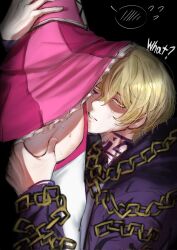 1boy 1girl blonde_hair chain character_request don_quixote_(project_moon) face_to_thighs garter_straps grabbing_another&#039;s_thighs hand_on_another&#039;s_thigh highres jacket limbus_company pink_garter_straps project_moon purple_jacket sawatdetukkon short_hair simple_background sinclair_(project_moon) tagme thighhighs white_thighhighs