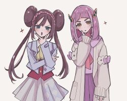 2girls :o blue_eyes brown_eyes brown_hair cardigan creatures_(company) double_bun enekonoshippo27 game_freak gloves hair_bun hair_ornament hairband hairclip lacey_(pokemon) long_hair long_sleeves looking_at_viewer multiple_girls nintendo official_alternate_color official_alternate_costume open_mouth pants partially_fingerless_gloves pink_hair pink_pants pleated_skirt pokemon pokemon_masters_ex red_gloves rosa_(academy)_(pokemon) rosa_(pokemon) school_uniform short_hair single_glove skirt thinking twintails white_background white_cardigan white_skirt