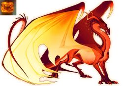 beak claws colored_sclera dragon dragon_horns from_side full_body gem highres horns monster monster_focus multicolored_eyes night_heart no_humans orange_gemstone orange_sclera original oversized_wings photo_inset red_scales reference_inset simple_background solo spines talons western_dragon wings wings_of_fire yellow_pupils yellow_wings