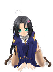 1girl ahoge all_fours black_hair blue_dress blush brown_shoes brown_thighhighs commentary_request cross cross_necklace crying crying_with_eyes_open dress full_body garter_straps green_eyes hair_ornament heart heart_hair_ornament highres jewelry juliet_sleeves long_hair long_sleeves looking_at_viewer necklace open_mouth parted_bangs priest_(ragnarok_online) puffy_sleeves ragnarok_online shoes simple_background solo tears thighhighs white_background yuki_minaduki
