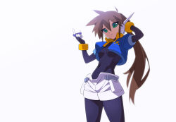 Rule 34 | 1girl, aile (mega man zx), bangle, black bodysuit, blue jacket, bodysuit, bodysuit under clothes, bracelet, breasts, brown hair, covered navel, cropped jacket, green eyes, hairband, jacket, jewelry, kaidou zx, long hair, mega man (series), mega man zx, mega man zx advent, open clothes, open jacket, ponytail, revision, robot ears, shorts, simple background, solo, white shorts