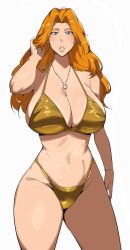 bikini bleach blush breasts cleavage dr_octojuice gold_bikini grey_eyes hair_intakes hand_in_own_hair highres huge_breasts jewelry lips long_hair matsumoto_rangiku navel necklace orange_hair shiny_skin solo swimsuit thick_thighs thighs