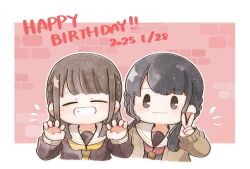 Rule 34 | 2girls, :3, animification, birthday connection, black hair, braid, brown dress, brown hair, claw pose, closed eyes, closed mouth, commentary, dated, deformed, dress, facing viewer, gentaro (g teall), grey ribbon, grin, hair ribbon, happy birthday, hasu no sora school uniform, hayama fuka, link! like! love live!, long hair, long sleeves, love live!, low twintails, mole, mole under eye, multiple girls, neckerchief, nonaka kokona, notice lines, outline, outside border, pink background, real life, red neckerchief, ribbon, sailor collar, sailor dress, school uniform, side braids, sidelocks, smile, twintails, v, voice actor, white background, white outline, white sailor collar, winter uniform, yellow neckerchief