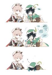 2boys absurdres ahoge androgynous beret black_gloves black_hair blue_hair braid cape dahlia_(genshin_impact) flower genshin_impact gloves gradient_hair green_eyes hair_between_eyes hair_ornament hat highres huhu_norii long_sleeves multicolored_hair multiple_boys open_mouth pink_hair short_hair short_hair_with_long_locks smile trap twin_braids venti_(genshin_impact) white_background white_hat