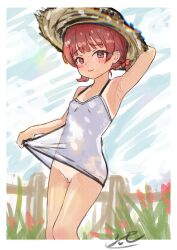 1girl :3 aged_down arm_behind_head arm_up armpits blush border breasts brown_eyes brown_hair c_(theta) closed_mouth clothes_lift covered_navel day dress dress_lift hat heart heart_in_eye highres idolmaster idolmaster_million_live! loli looking_at_viewer low_twintails no_panties nonohara_akane one-piece_tan outdoors pussy see-through_clothes see-through_dress short_twintails sleeveless sleeveless_dress small_breasts solo standing sun_hat symbol_in_eye tan tanline twintails white_border white_dress