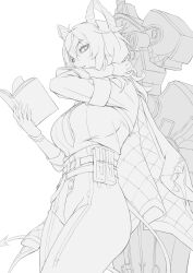 1girl absurdres book breasts commentary cowboy_shot curled_horns demon_tail gloves hair_between_eyes hand_on_own_neck hand_up highres holding holding_book horns jacket jacket_on_shoulders large_breasts leaning long_hair mikazon necktie open_mouth pants shield shirt_tucked_in simple_background sketch solo tail tight_clothes tight_pants white_background wuthering_waves zani_(wuthering_waves)