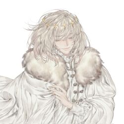 1boy closed_eyes crown facing_viewer fate/grand_order fate_(series) fingernails frills fur_trim gradient_hair highres light_smile long_fingers long_sleeves multicolored_hair oberon_(fate) oberon_(second_ascension)_(fate) pan_(iway22) puffy_long_sleeves puffy_sleeves simple_background solo star_(symbol) tunic upper_body white_background white_hair