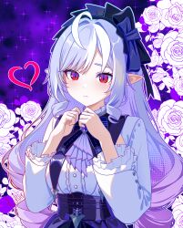 1girl blush bow buttons closed_mouth commentary dress finn_flint floral_background flower frills hair_bow heart highres long_hair long_sleeves looking_at_viewer pointy_ears purple_hair red_eyes rose shirt solo sparkle upper_body vivian_banshee white_flower white_rose white_shirt zenless_zone_zero