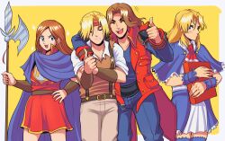 1girl 3boys ascot blonde_hair blue_cape blue_capelet blue_eyes blue_pants blush book brown_hair brown_pants cape capelet castlevania:_bloodlines castlevania:_portrait_of_ruin castlevania_(series) charlotte_aulin charlotte_aulin_(cosplay) closed_eyes cosplay costume_switch eric_lecarde eric_lecarde_(cosplay) halberd highres holding holding_book holding_polearm holding_weapon john_morris_(castlevania) john_morris_(castlevania)_(cosplay) jonathan_morris jonathan_morris_(cosplay) long_hair multiple_boys pants peegeray polearm red_ascot shirt simple_background skirt smile sparkle sweatdrop thumbs_up vest weapon white_shirt yellow_background