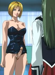 1futa 1girl bible_black blonde_hair breasts bustier curtains day erection futanari green_hair highres imminent_penetration ito_mika kitami_reika large_breasts long_hair no_testicles nurse penis penis_growth pubic_hair room school_uniform skirt smile stitched third-party_edit