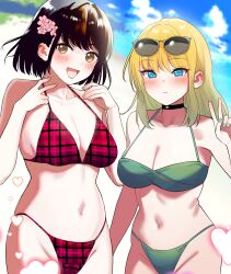 2girls :d beach bikini black_choker blonde_hair blue_eyes blue_sky blush breasts brown_eyes brown_hair choker closed_mouth cloud collarbone commentary_request day eyewear_on_head flower green_bikini hair_flower hair_ornament highres large_breasts looking_at_viewer multiple_girls navel ocean open_mouth original outdoors plaid_bikini plaid_clothes purple_bikini shiroi_soda sky smile stomach sunglasses swimsuit tongue variant_set