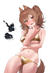 1girl 1other absurdres alternate_costume ambiguous_gender angelina_(arknights) animal_ears arknights arm_around_waist bikini breasts brown_hair commentary cowboy_shot detached_wings doctor_(arknights) dot_nose embarrassed english_commentary fox_ears fox_girl fox_tail from_below giving_up_the_ghost gold_bikini golden_week_bikini halo highres hood hood_up hooded_coat looking_at_viewer medium_breasts medium_hair mkrk_mikaerukung navel pink_nails simple_background solo_focus strap_lift swimsuit tail thighs twitter_username undersized_breast_cup underwear underwear_only white_background wings