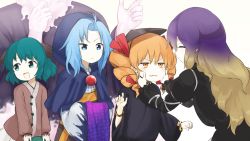 1boy 4girls ahoge ajirogasa animal_ears bangle blue_eyes blue_hair bracelet commentary_request drill_hair closed_eyes gradient_hair green_eyes green_hair hands_on_another&#039;s_cheeks hands_on_another&#039;s_face hat highres hijiri_byakuren hood jewelry juliet_sleeves kasodani_kyouko kesa kumoi_ichirin long_hair long_sleeves multicolored_hair multiple_girls open_mouth orange_eyes orange_hair puffy_sleeves purple_hair robe touhou twin_drills unzan v-shaped_eyebrows white_background yorigami_jo&#039;on yukihiko_(sky_sleep)