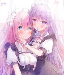 2girls belt belt_buckle black_belt black_skirt blue_eyes blue_ribbon blush bow breasts buckle cleavage collared_shirt commentary_request curtains dated fingernails hair_between_eyes hand_on_another&#039;s_arm hand_on_another&#039;s_face hand_up highres indoors light_particles long_hair looking_at_another maid maid_headdress medium_breasts mouth_hold multiple_girls nail_polish neck_ribbon omochi_monaka open_collar original partially_unbuttoned pink_bow pink_hair pink_nails pink_ribbon puffy_short_sleeves puffy_sleeves purple_eyes purple_hair purple_nails ribbon ribbon_in_mouth shirt short_sleeves side_ponytail sidelocks signature skirt underbust very_long_hair white_shirt white_wrist_cuffs wing_collar wrist_cuffs zipper zipper_pull_tab