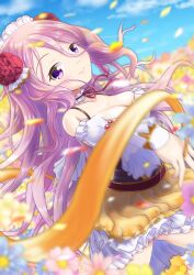 1girl bare_shoulders blue_sky breasts dancer dancing dress field flower flower_field francesca_frainseigner frilled_dress frilled_hairband frills hair_flower hair_ornament hairband highres iris_mysteria! pink_hair purple_eyes sky smile uninininidoru