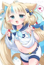 Rule 34 | 1girl, :3, ahoge, animal ear fluff, animal ears, bikini, blonde hair, blue bikini, blue eyes, blue hair, blue nails, blue sailor collar, cat ears, commentary request, dress, fang, fins, fish girl, fish tail, heart, highres, indie virtual youtuber, long hair, looking at viewer, low twintails, multicolored hair, navel, one side up, open clothes, open dress, open mouth, pokopokotarou1, sailor collar, sailor dress, sameko saba, short shorts, shorts, solo, speech bubble, spoken heart, streaked hair, striped bikini, striped clothes, swimsuit, tail, twintails, two-tone hair, very long hair, white dress, white shorts