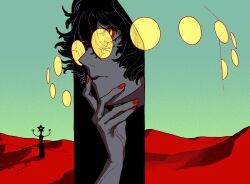 ambiguous_gender black_hair colored_sclera colored_skin desert facing_to_the_side green_sky grey_sclera grey_skin hands_on_own_chin hands_up highres hood hood_up momomo_906 multicolored_eyes one-eyed original red_eyes red_nails ringed_eyes round_eyewear sky solo_focus tinted_eyewear two-tone_eyes yellow-tinted_eyewear yellow_eyes