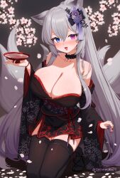 Rule 34 | 1girl, animal ears, black choker, black kimono, blue eyes, blush, borrowed character, breasts, cherry blossoms, choker, commission, cup, drunk, flower, fox ears, fox girl, fox tail, grey hair, hair flower, hair ornament, heterochromia, japanese clothes, kimono, kneeling, large breasts, long sleeves, looking at viewer, marota, multiple tails, off shoulder, original, print kimono, red eyes, sakazuki, skeb commission, smile, solo, tail, thighhighs, wide sleeves