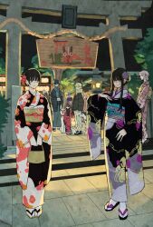 bag black_hair blonde_hair chainsaw_man crossed_arms denji_(chainsaw_man) drinking fami_(chainsaw_man) floral_print flower hair_flower hair_ornament handbag hayakawa_aki highres husky kishibe_(chainsaw_man) long_hair looking_at_another looking_at_viewer looking_to_the_side medium_hair meowy_(chainsaw_man) mitaka_asa nayuta_(chainsaw_man) obi pochita_(chainsaw_man) power_(chainsaw_man) red_eyes sandals sash scarf short_hair shrine sidelocks smile takeuchi_ryousuke topknot torii white_hair yoru_(chainsaw_man) yoshida_hirofumi zouri