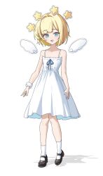 1girl absurdres aichry angel angel_wings blonde_hair blue_eyes bob_cut bow dress highres hime_cut looking_at_viewer mary_janes open_mouth original shoes short_hair simple_background sleeveless sleeveless_dress smile solo spaghetti_strap star_(symbol) sundress white_background wings