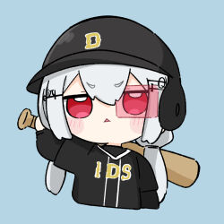 Rule 34 | 1girl, :&lt;, baseball bat, baseball helmet, baseball uniform, black helmet, black shirt, blue background, blush stickers, chibi, clothes writing, commentary, cropped torso, grey hair, hair between eyes, hakase fuyuki, helmet, highres, holding, holding baseball bat, layered sleeves, long hair, long sleeves, looking at viewer, low twintails, nijisanji, nozo (hitomiz), parted lips, red eyes, scouter, shirt, short eyebrows, short over long sleeves, short sleeves, simple background, solo, sportswear, thick eyebrows, triangle mouth, twintails, upper body, v-shaped eyebrows, very long hair, virtual youtuber