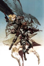 Rule 34 | 2boys, absurdres, artbook, assault rifle, bandana, black bandana, blonde hair, elbow pads, floating hair, full body, gradient background, grey background, gun, h&amp;k mark 23, handgun, highres, holding, holding gun, holding weapon, knee pads, laser sight, m4 carbine, male focus, mecha, metal gear (series), metal gear ray, metal gear solid, metal gear solid 2: sons of liberty, midair, multiple boys, official art, pouch, projected inset, raiden (metal gear), rifle, robot, shinkawa youji, short hair, sneaking suit, solid snake, suppressor, thigh pouch, third-party source, weapon, white background, white hair