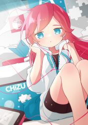 Rule 34 | 1girl, 421ooouy, absurdres, artist name, black bodysuit, blue eyes, bodysuit, book, earphones, highres, hood, hood down, hoodie, interviewer (vocaloid), long hair, long hoodie, looking to the side, megurine luka, on bed, pink hair, puzzle, sitting, solo, vocaloid, watermark, white hoodie