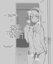 1girl blush body_heat bottomless breathing cowboy_shot door english_text facing_viewer female_pervert full-face_blush greyscale hairband heart heavy_breathing hood hood_down hooded_jacket hoodie indoors jacket kagetsu_tooya liar lies long_hair long_sleeves looking_at_viewer melty_blood minkye moaning monochrome monochrome_background open_mouth outline pervert pussy_juice pussy_juice_trail solo standing sweat sweatdrop talking tohno_akiha tsukihime type-moon white_outline