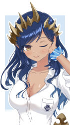 1girl blue_background blue_hair blush breasts brown_eyes brown_horns cleavage closed_mouth collared_shirt commentary dark-skinned_female dark_skin demon_girl demon_horns demon_tail hand_on_own_cheek hand_on_own_face highres horns large_breasts long_hair looking_at_viewer mitsuru_aga nanashi_inc. one_eye_closed pointy_ears shimamura_charlotte shimamura_charlotte_(7th_costume) shirt smile solo symbol-only_commentary tail two-tone_background virtual_youtuber white_background white_shirt