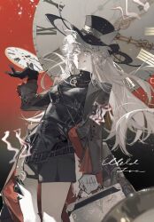 1girl animal_ears arknights black_coat black_gloves black_hat black_shirt black_shorts chinese_commentary clock coat commentary_request cowboy_shot dial gloves grey_eyes grey_gloves grin hair_between_eyes hat hewu639356 highres holding lappland_(arknights) light_particles long_sleeves looking_at_viewer material_growth oripathy_lesion_(arknights) roman_numeral scar scar_across_eye scar_on_face shirt shorts smile solo standing top_hat turtleneck turtleneck_shirt wolf_ears wolf_girl