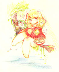 barefoot bird branch chick feet final_fantasy final_fantasy_tactics geomancer_(fft) legs long_sleeves miniskirt nature nest outdoors pencil river shimotsuki_yukino sketch skirt thighs traditional_media traditional_media tree branch twintails