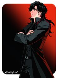 1boy absurdres belt black_belt black_coat black_hair black_shirt coat crossed_arms earrings gradient_background highres jewelry kamen_rider kamen_rider_gavv_(series) lango_stomach male_focus mioky multicolored_nails red_eyes shirt twitter_username