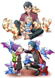 &gt;_&lt; 2boys 2girls absurdres age_difference akanboh barefoot black_hair blush child closed_eyes commentary_request crying crying_with_eyes_closed eyelashes father_and_daughter flying_sweatdrops gen_1_pokemon gen_2_pokemon gen_3_pokemon highres jacket janine_(pokemon) koga_(pokemon) light_brown_hair may_(pokemon) mudkip multiple_boys multiple_girls ninja nintendo norman_(pokemon) open_mouth pants parent_and_child pokemon pokemon_(creature) pokemon_hgss pokemon_oras purple_hair red_scarf red_shirt scarf shirt short_hair spinarak spinda spread_legs squatting standing sweat sweatdrop tearing_up toes wristband zubat