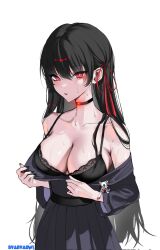 Rule 34 | 1girl, alternate costume, artist name, black bra, black choker, black dress, black hair, black nails, bra, chisa (wuthering waves), choker, collarbone, collared shirt, commentary, dress, hair ribbon, highres, lace, lace-trimmed bra, lace trim, long hair, looking at viewer, nail polish, nyanyaqwi, parted lips, purple hair, red eyes, red ribbon, ribbon, rouge the bat, shirt, simple background, solo, sonic (series), symbol-only commentary, underwear, white background, wuthering waves