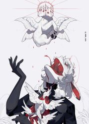 1boy absurdres angel_wings animal_ears blood blood_from_mouth colored_skin crrn eden_(crrn) extra_arms fangs feathered_wings forked_tongue highres lamb open_mouth original rabbit_ears red_eyes sheep solo tongue tongue_out too_many_eyes white_hair white_skin wings