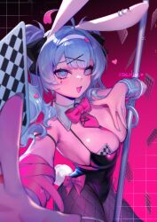 1girl absurdres ahoge animal_ear_hairband animal_ears arm_strap bare_shoulders black_leotard blue_eyes blue_hair blue_nails bow breasts card cleavage commentary cowboy_shot cuffs detached_collar double-parted_bangs english_commentary fake_animal_ears fingernails fishnet_pantyhose fishnets floating_card hair_ornament hair_ribbon hairband hand_on_own_chest handcuffs hatsune_miku heart highleg highleg_leotard highres holding holding_card large_breasts leotard long_hair looking_at_viewer mae_algae necktie object_on_breast open_mouth pantyhose piercing pink_background pink_bow pink_ribbon playboy_bunny playing_card pole rabbit_ear_hairband rabbit_ears rabbit_hole_(vocaloid) rabbit_tail restrained revision ribbon short_necktie solo spaghetti_strap stripper_pole tail teardrop_facial_mark twintails vocaloid x_hair_ornament
