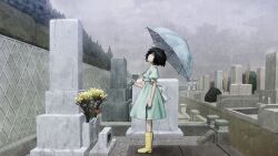 1girl aged_down aqua_eyes back_bow black_hair blue_dress blue_eyes bob_cut boots bouquet bow cloud cloudy_sky dress flower from_side game_cg graveyard grey_sky highres holding holding_rosary holding_umbrella huke looking_up medium_hair official_art outdoors puffy_short_sleeves puffy_sleeves rain ringed_eyes rubber_boots sash shiina_mayuri short_sleeves sky solo square_pupils standing steins;gate tareme tombstone tree umbrella waist_sash white_bow white_trim yellow_boots