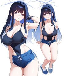 Rule 34 | 1girl, alternate costume, arm behind head, arm support, arm up, armpits, black hair, black leotard, blue archive, blue eyes, blue hair, blue halo, blue shorts, blush, breasts, cleavage, colored inner hair, dolphin shorts, halo, highleg, highleg leotard, highres, invisible chair, kono (xerondan321), large breasts, leotard, long hair, looking at viewer, multicolored hair, multiple views, saori (blue archive), short shorts, shorts, simple background, sitting, super highleg, thighs, white background