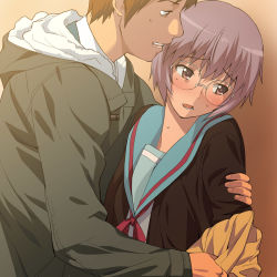 10s 1boy 1girl a1_(initial-g) against_wall blouse blush brown_eyes brown_hair cardigan coat couple embarrassed glasses hetero kyon looking_away nagato_yuki purple_hair school_uniform serafuku shirt short_hair shy suzumiya_haruhi_no_shoushitsu suzumiya_haruhi_no_yuuutsu white_shirt