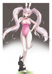 1girl alice_(nikke) alice_(wonderland_bunny)_(nikke) animal_ear_hairband animal_ears bow bowtie carrot_hair_ornament chinese_commentary commentary_request covered_navel detached_collar fake_animal_ears food-themed_hair_ornament froggy_(froggy_163) full_body goddess_of_victory:_nikke gradient_background grey_background hair_ornament hairband highres leotard long_hair looking_at_viewer pantyhose pink_bow pink_bowtie pink_eyes pink_leotard playboy_bunny rabbit rabbit_ears rabbit_tail strapless strapless_leotard tail twintails white_pantyhose