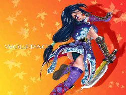 1girl ass black_hair breasts covered_erect_nipples female_focus highres large_breasts long_hair low-tied_long_hair purple_eyes sideboob solo sword weapon wolfpack