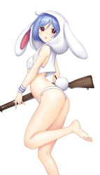 1girl :o animal_ears animal_hood ass back barefoot battle_rifle bikini blue_hair blush breasts commentary_request cowlick expressionless floppy_ears foot_out_of_frame gun hair_between_eyes hataraki_kuma highres holding holding_gun holding_weapon hood hood_up looking_at_viewer looking_to_the_side open_mouth rabbit_ears rabbit_hood rabbit_tail red_eyes reisen_(touhou_bougetsushou) rifle short_hair simple_background small_breasts soles solo swimsuit tail thighs toes touhou weapon white_background white_bikini white_hood